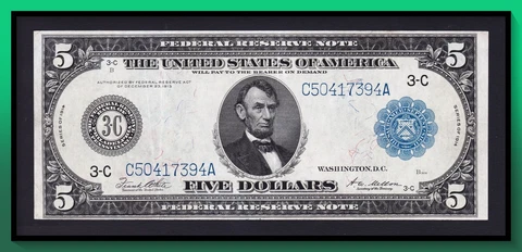 Fr. 855A 1914 $5 Federal Reserve Note PHILADELPHIA VF - XF Cover