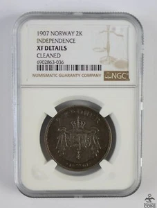 1907 Norway 2 Kroner Silver Coin Independence NGC XF Details Cleaned - Picture 1 of 2