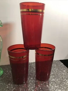 Vintage Ruby Red With Gold Trim 4 3/4" Tumbler 10 oz. 1930s Depression 3 Glasses - Picture 1 of 8