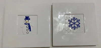 Crate & Barrel Italy Ceramic Porcelain White Trivet Snowman & Snowflake Trivet - Image 1 of 4
