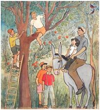 David Schneuer: Father, Daughter & Boys on Tree 1950 RARE/German Israeli Realism