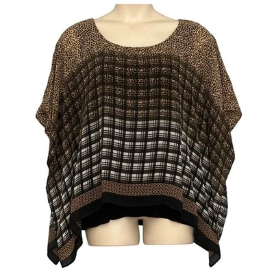 IN Studio Womens Poncho Top Plus 3X Black Leopard Plaid Lined Retro Boho Hippie - Image 1 of 4