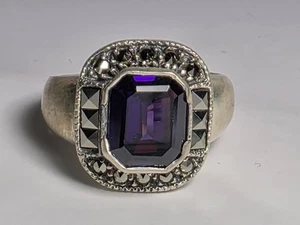 Vintage Sterling Silver Marked CN 925 Chunky Amethyst & Marcasite Ring Size 7.25 - Picture 1 of 7