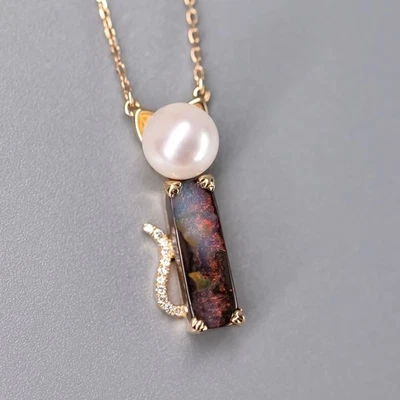 Adorable Paws Kitty Cat  Boulder Opal, Diamond & Akoya Pearl Necklace 18K Gold - Image 1 of 4
