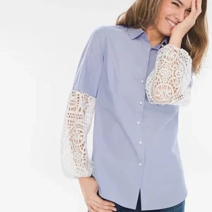 Women's CHICO'S Lace Sleeved Blue Striped Pearl Button Up Shirt Top Size 0 Small - Picture 1 of 6