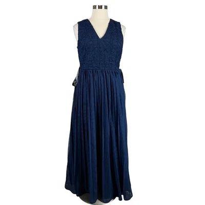 Vestido formal feminino JS Collections tamanho 14 azul renda plissado chiffon longo - Imagem 1 de 4