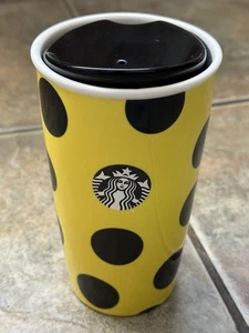 NUEVO vaso de viaje de cerámica Starbucks taza 12 oz 2015 amarillo negro lunares - Imagen 1 de 10