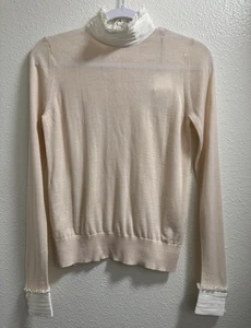 Sandro Natti Sweater Silk Contrast Collar & Cuff Wool Zip Semi Sheer Nude Small - Picture 1 of 10