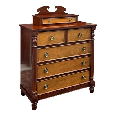 Vintage Sheraton Mahogany & Tiger Maple 5 Drawer Chest w Dresser Top Jewelry Box - Image 1 of 4