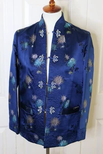 Vtg Peony Reversible Asian Chinese Jacket Royal Blue, Gold Sz Med Silk Rayon - Picture 1 of 20