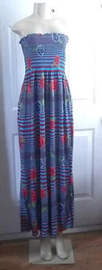 FLORAL STRIPE BLUE RED ROSES SUMMER ELASTIC DRESS MAXI LONG STRAPLESS MEDIUM - Picture 1 of 7