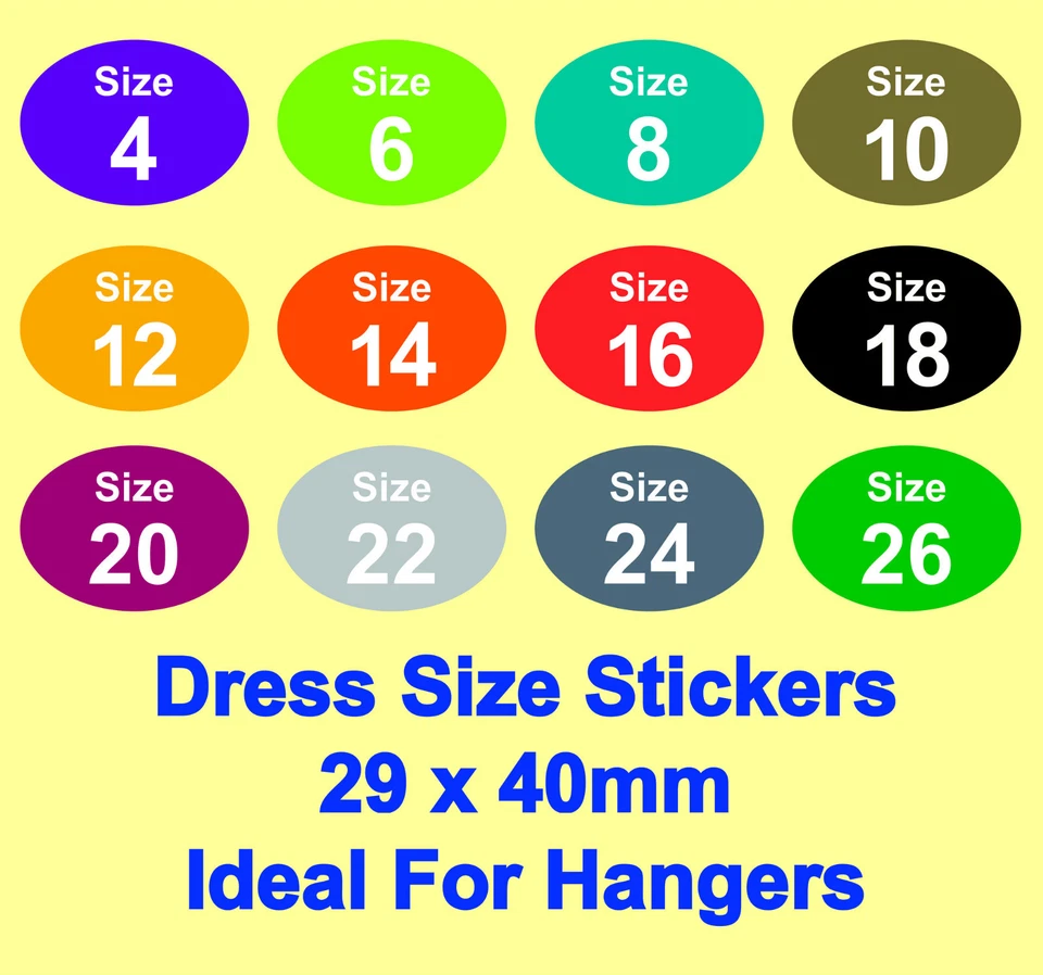 Pegatinas de tallas de ropa de vestir de colores para damas - etiquetas adhesivas Foto 1 de 1