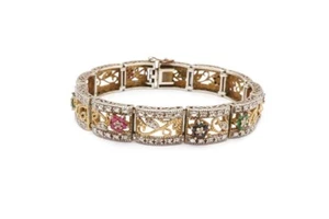 Gold Plated Sterling Silver 925 Multi Gemstone Ruby Emerald Flower Bracelet 7.5" - Picture 1 of 9