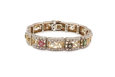 Gold Plated Sterling Silver 925 Multi Gemstone Ruby Emerald Flower Bracelet 7.5" - Image 1 of 4