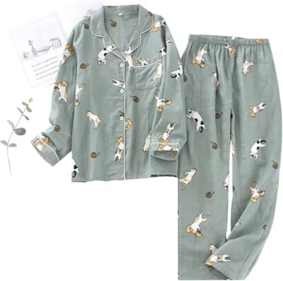 ENN & EEZY Algodón Mujer Gato Estampado Pijama Manga Larga Camisa Pantalón Conjunto Verde Talla L Foto 1 de 4