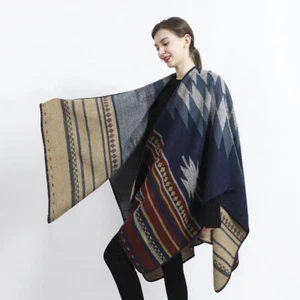 Women Ethnic Faux Wool Shawl Cloak Cape Boho Coat Poncho Cardigan Jacket - Picture 1 of 8