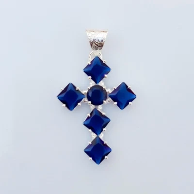 Tanzanite Cross Pendant 925 Sterling Silver Handmade Gemstone Jewelry 2.20 Inch - Image 1 of 4