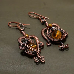 Yellow Amber Gemstone Handmade Wire Wrap Copper Jewelry Earrings 2.80" SR 117 - Picture 1 of 7