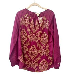 Sundance 100% Silk Sz S Purple Gold Damask Blouse Boho Romantic Royalcore New - Picture 1 of 17