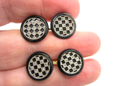 Estate Elegant Art Deco 14k Yellow Gold White Diamond Black Celluloid Cuff Links - Image 1 of 4