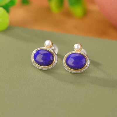 F02 Orecchini Lapislazzuli Ovale Dorato Bordo Perla D'Acqua Dolce Argento 925 - Immagine 1 di 4