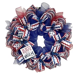 Red White and Boom Patriotic Wreath Handmade Deco Mesh - Picture 1 of 4