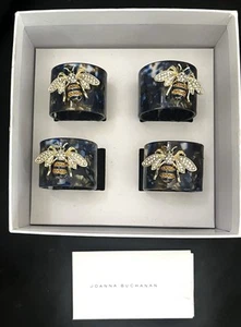 FOUR - Joanna Buchanan - Rhinestone Bee w/ Blue Tortoiseshell Resin Napkin Rings - Picture 1 of 4