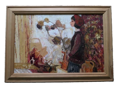 Barker (XX) Expressionist Oil On Board. Female Figure Beside Pots & Flowers - Image 1 of 3