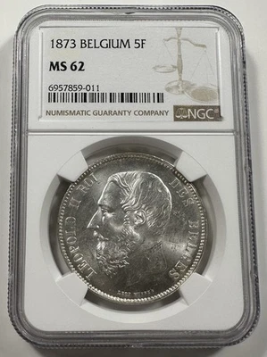 BÉLGICA 1873 ~ 5 FRANCOS ~ NGC MS62 ~ ¡BRILLANTE BRILLO! Foto 1 de 4