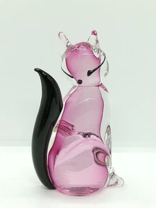 Murano Art Glass Cat Figurine Pink Black 5" - Picture 1 of 7