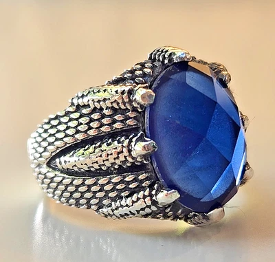 🐉 925K Sterling Silver Ring with Faceted Blue Zircon & Claw-Inspired Design - Image 1 of 4
