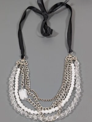 Black Ribbon Clear faceted Bead Faux Pearl Multi Strand Layered Necklace 44 in - Image 1 of 4