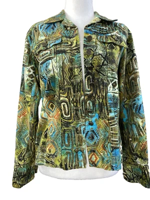 Chaqueta Chico’s Mujer 0 Azul Verde Multicolor Algodón Botón Frontal Abstracto Prin Foto 1 de 4