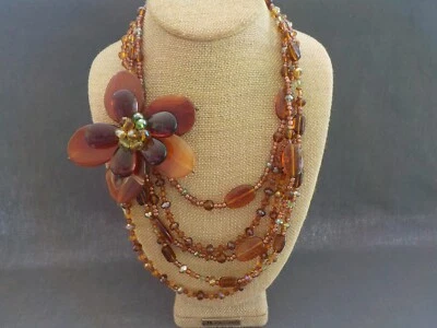 Brown  Huge Flower Necklace Glass Plastic Resin Heavy  Handmade Acrylic Stone ?? - Image 1 of 4