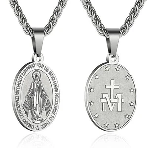 Miraculous Medal Virgin Mary Necklace for Men Stainless Steel Religious Chris... - Picture 1 of 7