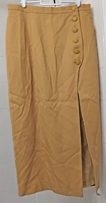 Vintage Ronet 80s Khaki Beige Yellow Wool Button Down Slit Skirt Size 16 - Image 1 of 4