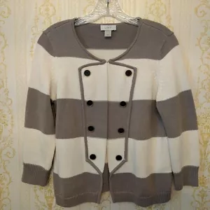 Ann Taylor Loft Womens Sweater Cardigan Mocha Beige striped Petite Medium PM - Picture 1 of 8