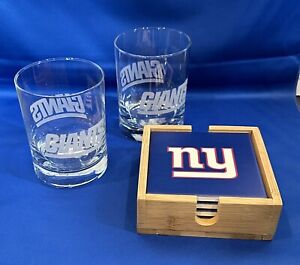 New York Giants 13 oz Etched Glasses & Ceramic Coasters - Football Barware