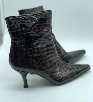 Stuart Weitzman Womens Brown Croc Patent Leather Kitten Heel Ankle Bootie Sz 6M - Image 1 of 4
