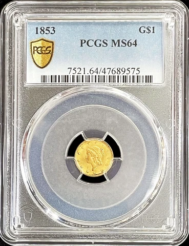 1853 GOLD US LIBERTY HEAD $1 DOLLAR COIN PCGS MINT STATE 64 Cover