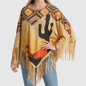 Montana West American Bling Aztec Cactus Print front and Back Fringe Poncho Tan - Picture 1 of 5