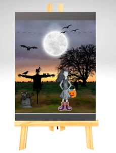 Halloween ACEO Kunst junges Mädchen & gruseliges Vogelscheuchengrab & Vollmond Gruseldruck - Bild 1 von 5