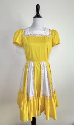 Vestido Floral Amarillo Falda Circular Baile Cuadrada Años 70 De Colección Ajuste y Acampanado Hecho a Mano Foto 1 de 4