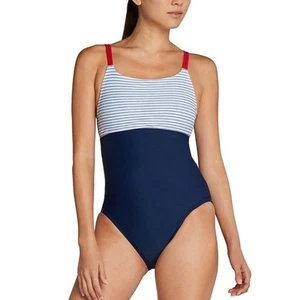 Speedo One Piece Swimsuit Red White Blue Stripe Size 6 Double Strap Patriotic - Picture 1 of 7