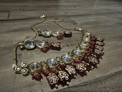 Kundan Bridal Necklace with Earrings Jewelry Set Ethnic Indian Wedding - Image 1 of 4