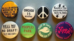 Vintage Anti-War & Peace Protest Pinback Lot – Vietnam Draft, Yippie, Chicago - Picture 1 of 4