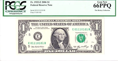 2003-A $1 FRN PCGS Gem New 66PPQ Fancy TRUE 0/1 BINARY Serial #E01110101B - Image 1 of 2