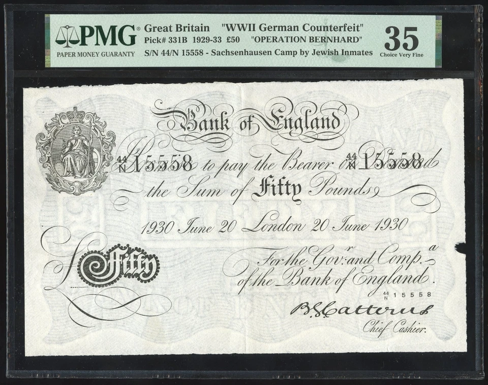Segunda Guerra Mundial Bernhard falsificación Gran Bretaña £50 20 junio 1930 PMG elección VF 35 Foto 1 de 2