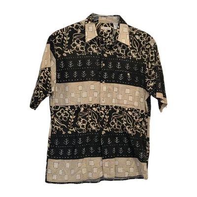 Camisa Birmania Bibas Para Hombres Grande Abotonada Tropical Mezcla de Lino Negro Tostado Usada en Excelente Condición  Foto 1 de 4