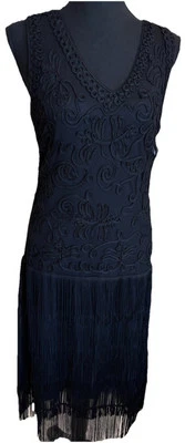 Vestido midi vintage R M Richards S 4 6 negro flecos 1920 aleta Gatsby Art Deco usado en excelente estado Foto 1 de 4